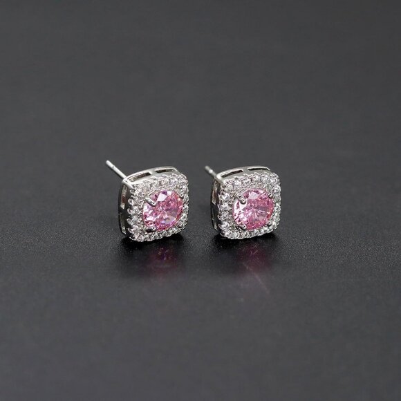 Women's Light Pink Square Simulated Dainty Diamond Halo Sparkling Stud Earring - Picture 8 of 8